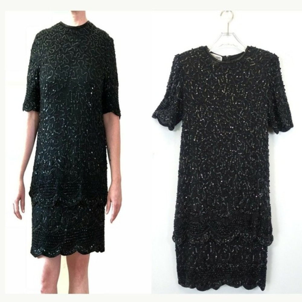 BRILLIANTE x J A Womens Sequin Silk Dress MEDIUM  Shift‎ Black Beaded Cocktail